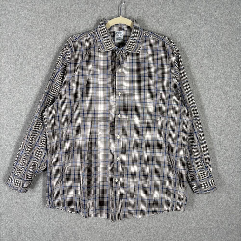 Brooks Brothers Shirt 16 32 Black Blue PlaidNon Iron Stretch Supima Cotton Dress